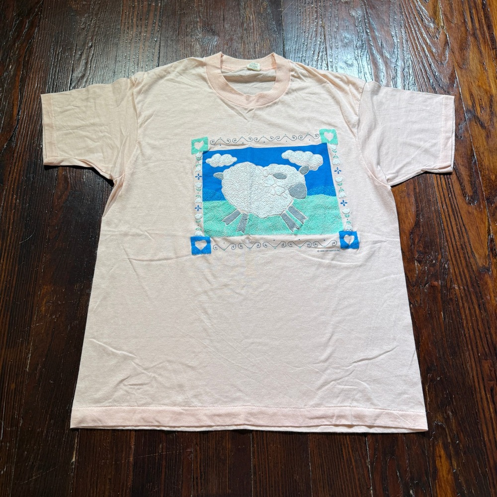 Vintage 1990 Sheep Shirt Mens L Peach Puff Print Screen Stars Single‎ Stitch USA